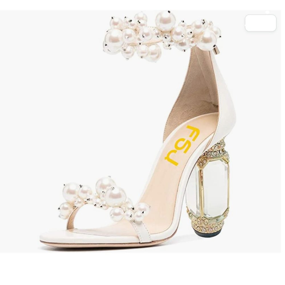 FSJ Ivory Pearl Open Toe Ankle Strap Chunky Crystal High Heels Prom Sandal.